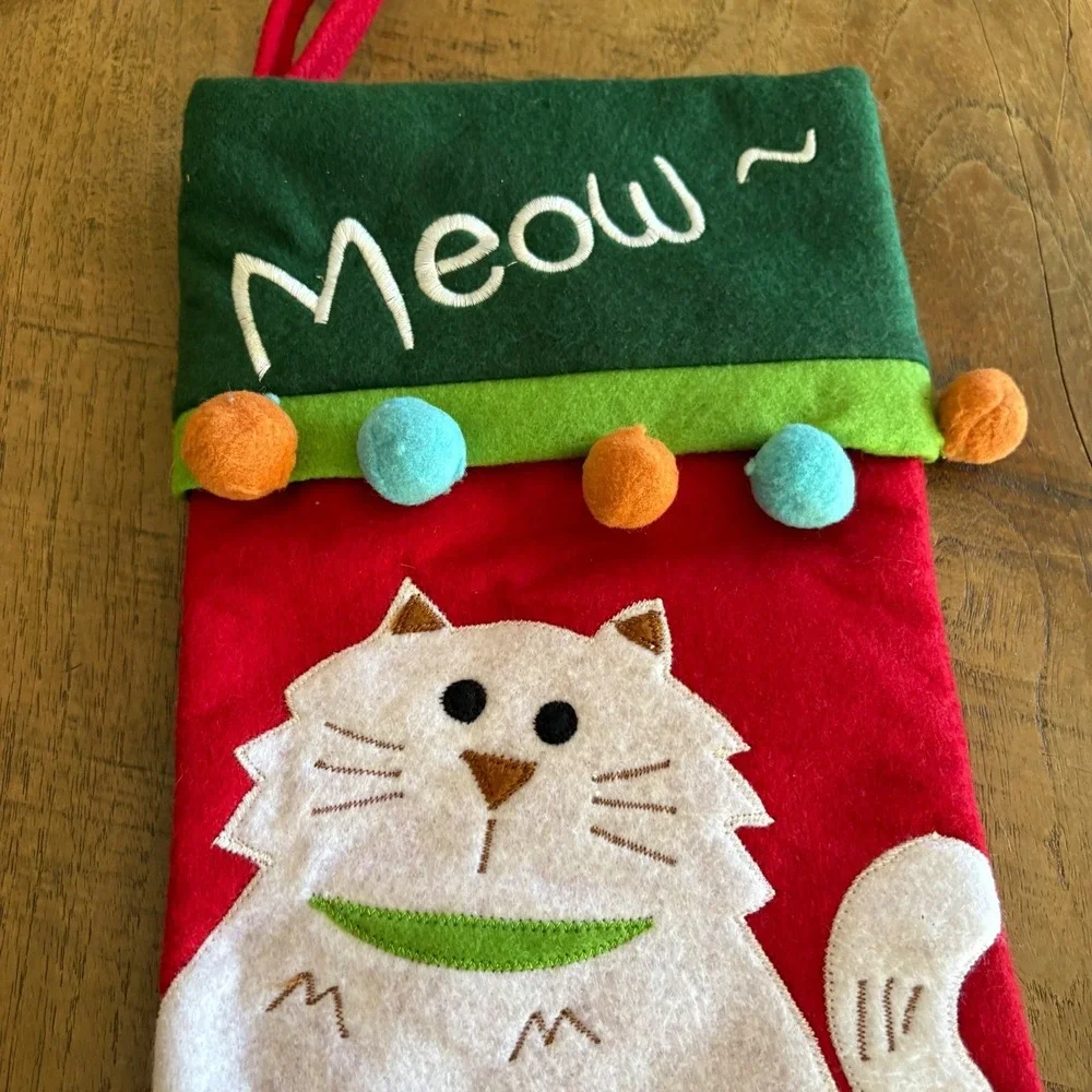 Jo-Ann Stores Cat Pet Christmas Stocking Meow Felt Applique Pom Poms Red Green‎